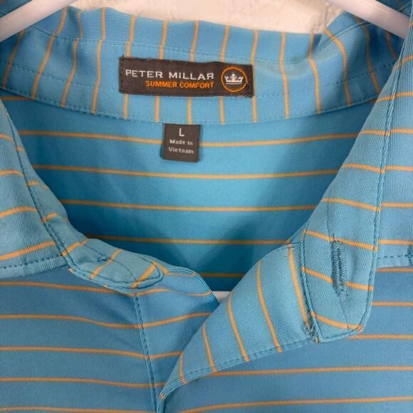Peter Millar Blue w/ Yellow Striped Collared Short Sleeve Polo Top Men's L - Picture 4 of 9